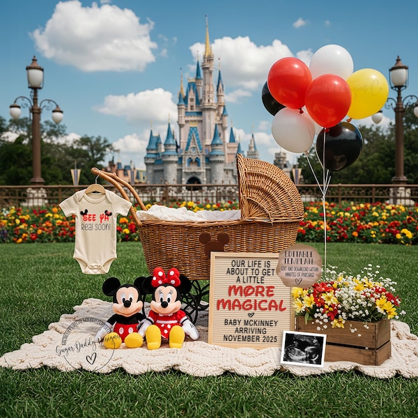 Magische Mickey & Minnie Babymitteilung: Bearbeitbare Vorlage (Digitaler Download)