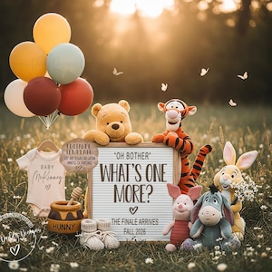 May include: A whimsical baby announcement scene featuring Winnie the Pooh characters. A sign reads "Oh Bother, What's One More? The Finale Arrives Fall 2026." Balloons, a onesie, and baby shoes are also included.