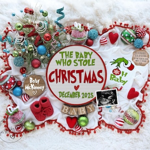 Weihnachten Schwangerschaftansage Digital, lustige Überraschungs-Babyankündigung, Grinch-Thema, bearbeitbare Vorlage, das Baby, das Weihnachten stahl