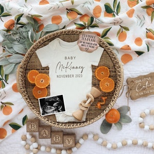 Faire-part de grossesse adorable : oranges non sexiste, modèle modifiable (numérique)