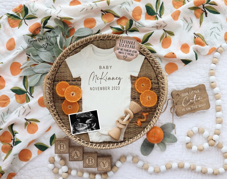 Cutie Pregnancy Announcement: Oranges Gender Neutral, Editable Template (Digital) image 1