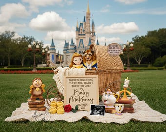 May include: A baby announcement sign with a wicker basket, a plush Belle doll, a plush Beast doll, and a baby ultrasound image. The sign reads "There's something there that wasn't there before! Baby Mekinney October 2025".