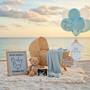 Anuncio digital de embarazo para revelar el género de un bebé varón en la playa. Anuncio de revelación de género de bebé varón. Tema de playa editable para revelar el género de un niño.
