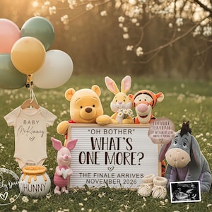 May include: A Winnie the Pooh themed baby announcement with plush toys, balloons, and a letter board that reads "Oh Bother, What's One More? The Finale Arrives November 2026." Includes a baby onesie and a sonogram.