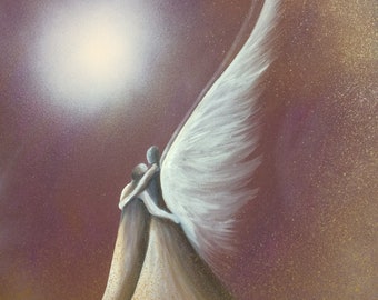 May include: An ethereal painting depicts two figures embracing, with one figure having a large white wing. The background is a gradient of purple and gold, with a bright, circular light source. The artwork evokes a sense of peace and spirituality.