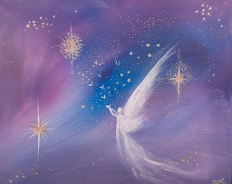 May include: An original painting depicting a celestial scene. The artwork features a figure with outstretched arms, surrounded by stars and a swirling, colorful background of purple, blue, and gold. The painting evokes a sense of wonder and spirituality.