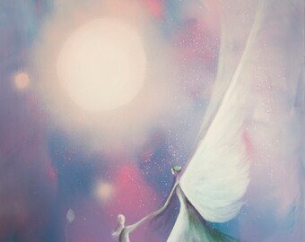 May include: An ethereal painting featuring a large, bright orb in a soft, colorful sky. Silhouetted figures in flowing white gowns are depicted, one with large white wings, holding hands with two smaller figures. A balloon floats nearby.