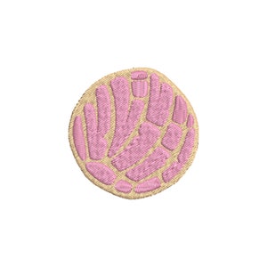May include: An embroidered patch shaped like a round pastry with a swirl design, in pink and beige.