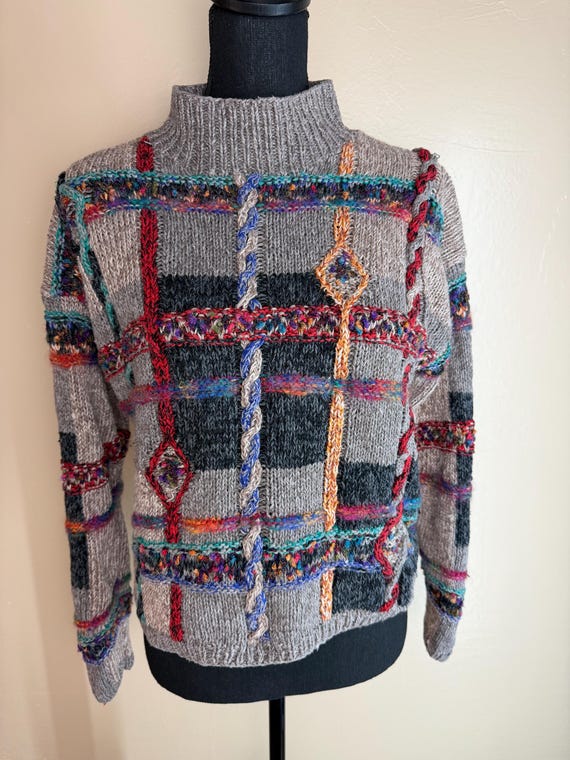 Vintage Debra Lubell Patchwork Knit Cardigan, Multicolor Boho Sweater, Size M
