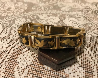 Toledo Gold 8 Inch Panel Bracelet with Birds and Flowers, Made in Spain circa 1970's