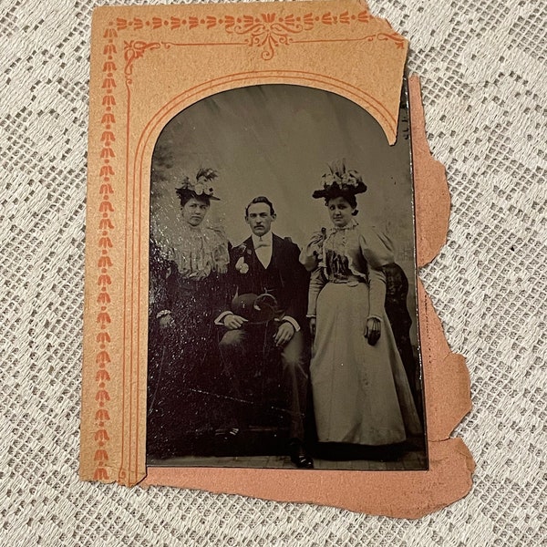 Antique Tintype Photograph of a Man and 2 Ladies, Philadelphia, Corca 1880s