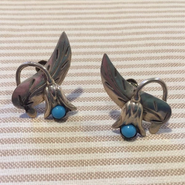 Vintage Taxco Mexico Sterling Silver and Turquoise Flower Earrings with Screw Back