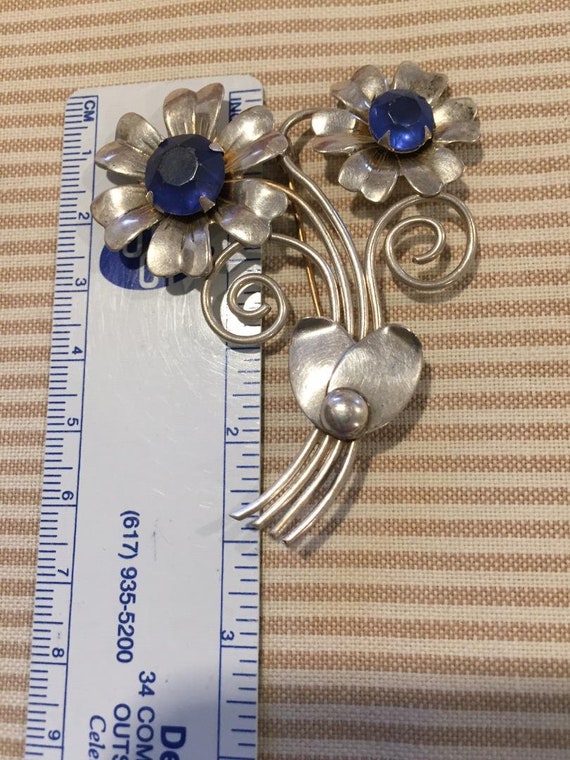 Vintage Sterling Flower Brooch Pin with Blue Glas… - image 5