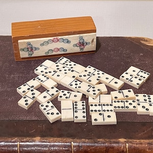 Travel Dominoes in Wooden Box, Complete Set with 28 Bone Tiles