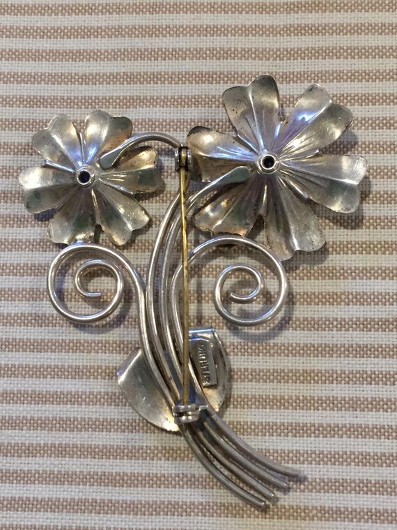 Vintage Sterling Flower Brooch Pin with Blue Glas… - image 3