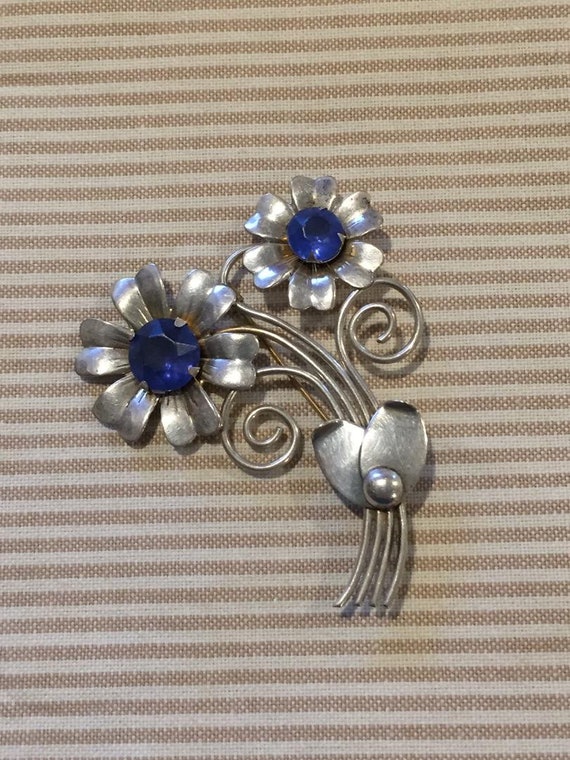 Vintage Sterling Flower Brooch Pin with Blue Glas… - image 1