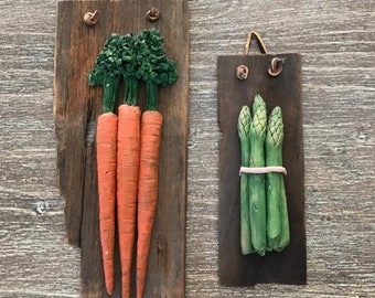 Hand Sculpted Carrots and Asparagus on Board by Pennsylvania Artisan Patricia Lambert Marshall