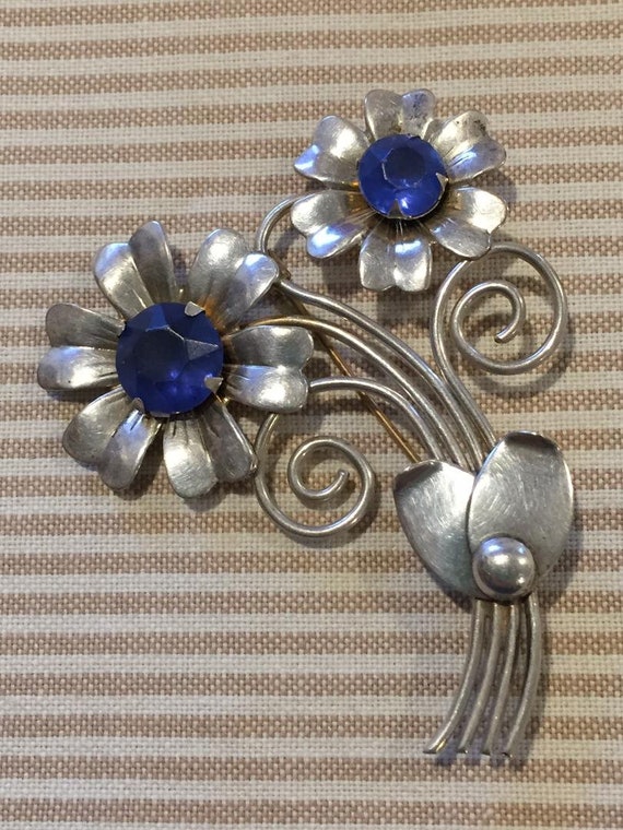 Vintage Sterling Flower Brooch Pin with Blue Glas… - image 2