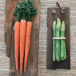 Hand Sculpted Carrots and Asparagus on Board by Pennsylvania Artisan