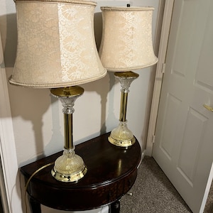 1950’s Pair of Carved Crystal Candlestick Lamps on Brass Base