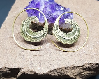 Brass Threader Spiral Earrings with Feather Design