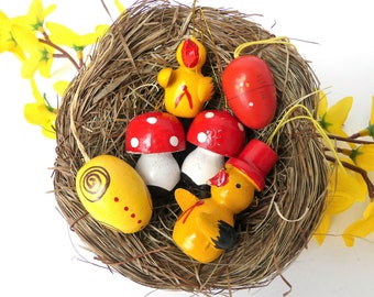 11 Flocked Erzgebirge Easter eggs table decor Vintage hanging ornaments hollow chicken chick red yellow with rooster bunny ribbon decor