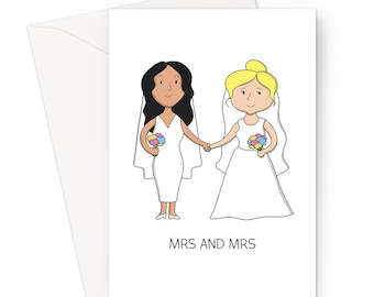Mrs And Mrs Greeting Card | Wedding Congratulations Card, LGBTQ+ Just Married Card, For Lesbian Couple, Two Brides Holding Hands