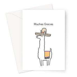 May include: A white llama wearing a brown sombrero with red and green trim and a pink and yellow striped blanket. The text "Muchas Gracias" is written above the llama.