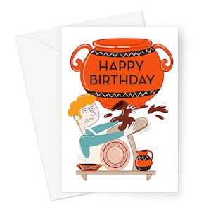 Happy Birthday Ceramics Greeting Card | Man Surrounded By Pots At Pottery Wheel Card For Potter, Hobby Birthday Card For Pottery Lovers