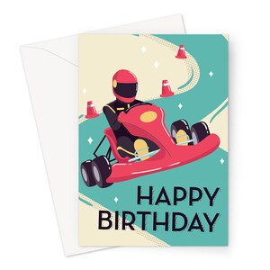 Happy Birthday Go Karting Greeting Card | Driver In Go Kart On A Track Happy Birthday Card, Hobby Birthday Card For Go Kart Driver