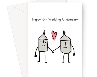 Happy 10th Wedding Anniversary Greeting Card | Tin Wedding Anniversary Card, Two Tin Cans In Love, For Spouse, Married Ten Years
