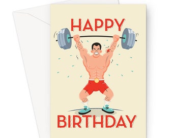 Happy Birthday Weight Lifting Greeting Card | Weightlifter Lifting Heavy Weights Happy Birthday Card, Hobby Birthday Card For Strongman