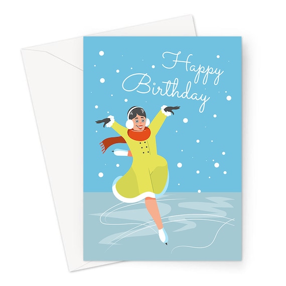 Happy Birthday Ice Skating Greeting Card Skater Gliding On Ice In Coat  And Scarf Happy Birthday Card, Hobby Birthday Card For Ice Skater