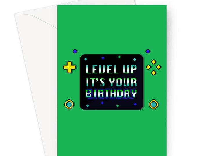 Level Up It's Your Birthday Greeting Card | Gamer Birthday Card, Gaming Joke Birthday Card In Green, Retro Games Console Card