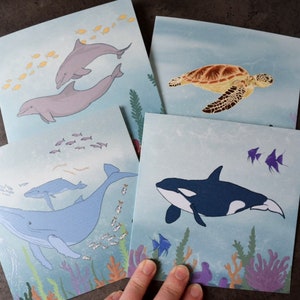 Grußkarten Ozean - 4 Stück mit Umschlag - Schildkröte, Wal, Orca und Delfin