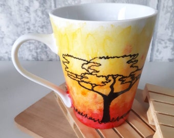 Tasse en céramique peinte à la main sauvage Afrique acacia arbre girafe pyramides tasse pour café amoureux animal thème anniversaire noël anniversaire anniversaire anniversaire