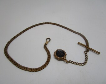 Great Antique Gold Filled Pocket Watch Chain with Carved Stone Cameo Fob