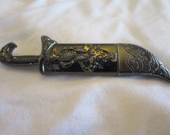 Vtg Polished Metal Fancy Faux Fantasy Sword Adornment Vulture & Skull