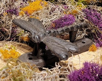 May include: A black cast iron dragonfly doorstop with a detailed design. The doorstop is sitting on a bed of moss and dried flowers.