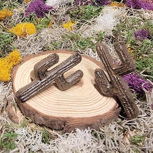 May include: Two cast iron cactus shaped bottle stoppers. The stoppers are brown and have a rustic finish. They are sitting on a wooden slice.