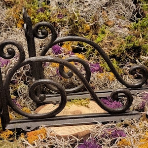 May include: Two black metal shelf brackets with a decorative scroll design. The brackets are shown against a background of dried moss.