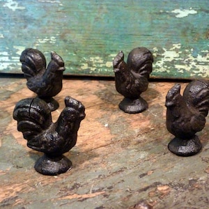 Cast Iron Set of 4 Rooster Photo Card Wedding Party Holder Home Garden Office Decor