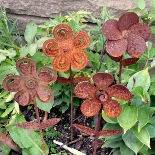 Set of 4 Cut Iron Metal Small Flower Picks Garden Stake Yard Etsy