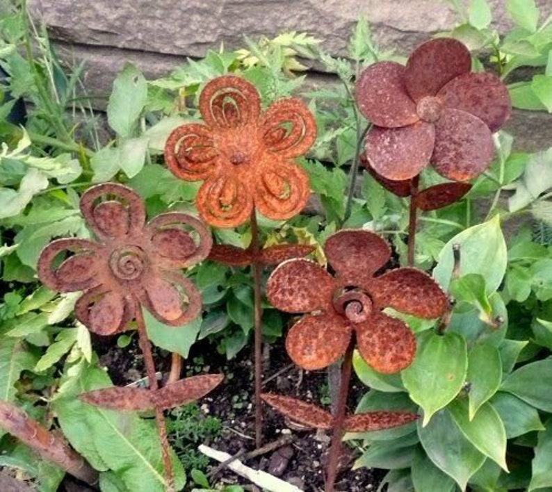 Set of 4 Cut Iron Metal Small Flower Picks Garden Stake Yard Etsy