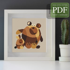 BROWN BEAR FAMILY - Cross Stitch Pattern pdf, Instant Download, Cute Grizzly Baby with Mom, Counted Cross Stitch Pattern, Easy for Beginner