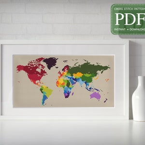 WELTKARTE - Kreuzstichmuster pdf, Sofort Download, Karte mit Ländern aus allen Kontinenten - Weltreise, Reiseroute und Urlaub