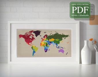 WORLD MAP - Cross Stitch Pattern pdf, Instant Download, Map with Countries from all Continents - World Tour, Travel Route and Vacation