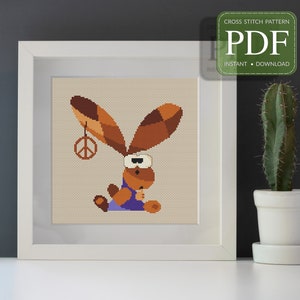 HONEY BUNNY - Cross Stitch Pattern PDF, Instant Download, cute bunny with peace symbol as earring, funny baby rabbit with thumb in mouth