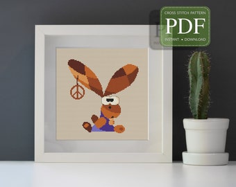 HONEY BUNNY - Kreuzstichmuster PDF, Sofort Download, süßer Hase mit Peace Symbol als Ohrring, lustiges Baby Hase mit Daumen im Mund