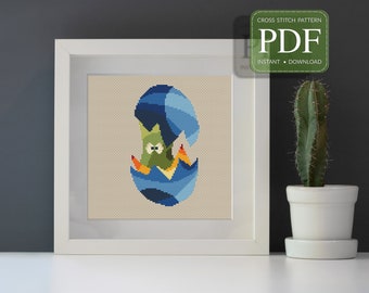 DINOSAUR EGG - Cross Stitch Pattern pdf, Instant Download, Cute Baby Monster hatches from the Egg, Counted Cross Stitch Pattern, Chart